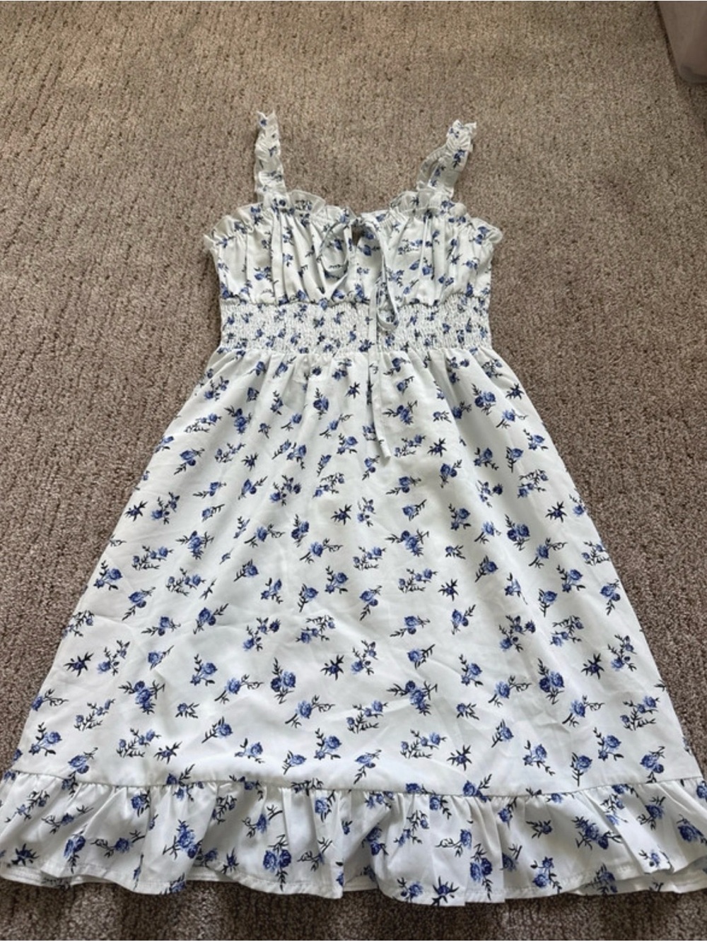 SHEIN White Dress with Blue Floral Print Mini Sundress